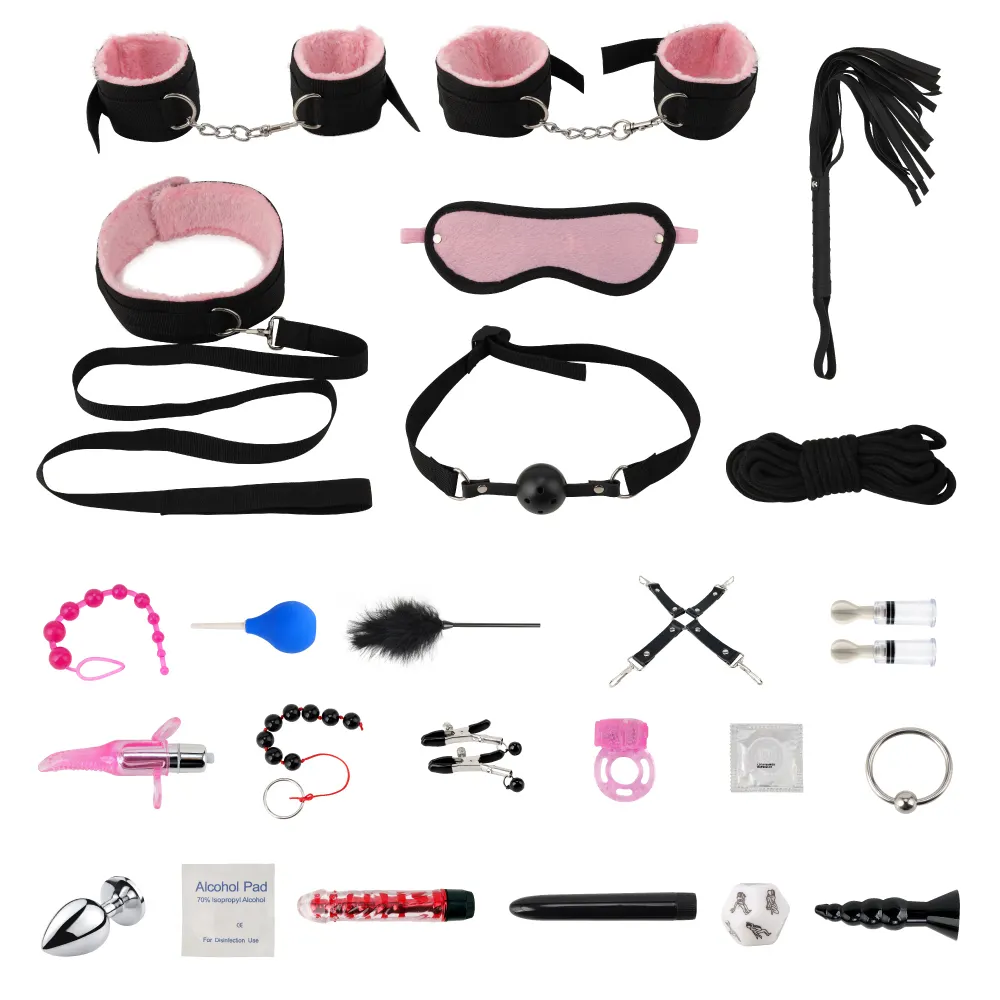 24 buah/Set produk seks mainan erotis untuk dewasa BDSM Set perbudakan seks borgol klem puting tali cambuk mainan seks untuk pasangan