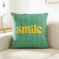 Housse de coussin brodée avec un motif de sourire - Housse de coussin rayée avec un visage heureux - Housse de coussin douce vert turquoise pour canapé