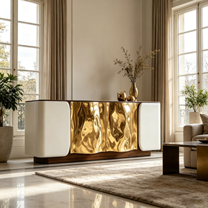 Buffet en fibre de verre ivoire arrondi avec panneaux centraux dorés martelés et ondulés, armoire de <span class=keywords><strong>rangement</strong></span> à 4 portes pour salon de luxe à la lumière douce - Product Image 1