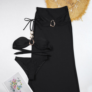 Conjunto de Bikini de 3 Piezas para Mujer, con Detalles Metálicos Dorados, Secado Rápido, Transpirable, Spandex/Nylon, Falda Larga Maxi para Playa - Product Image 5