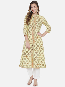 Ensemble Kurti en coton imprimé à la main, style moderne, écologique, respirant, motif floral jaune, manches trois quarts, robe ample décontractée - Product Image 3