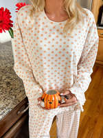 Ensemble pyjama personnalisé 2 pièces pour femme, 100 % coton, imprimé citrouille, haut à manches longues et pantalon à ourlet festonné, en jersey doux, pour l'automne et l'hiver
