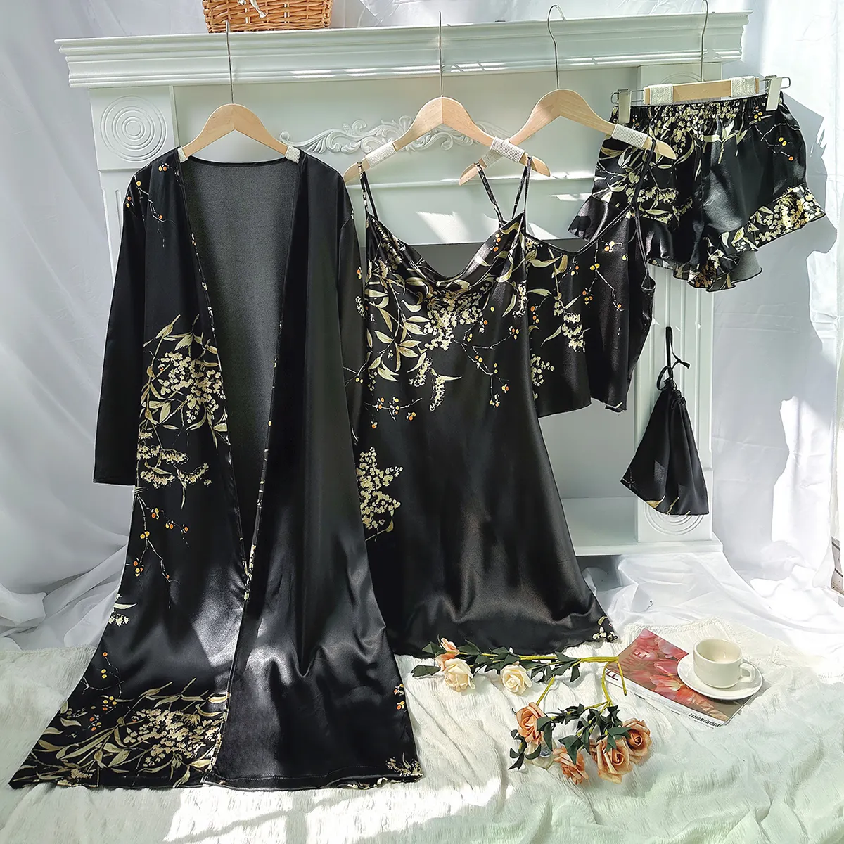 Summer Silk Sleepwear Custom Satin FIve Pieces Night Suit Pajama Set For Women
