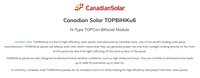 Panneaux solaires canadiens TOPBiHiKu6 photovoltaïques commerciaux Topcon de type N, bifaciaux, double vitrage, monocristallins, 500 watts (500W)