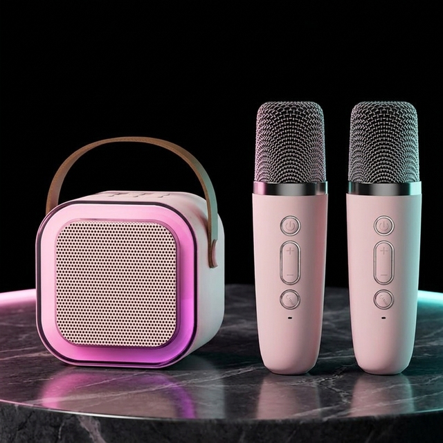 K12 Mini Wireless Karaoke Machine 2 External Microphones for 5.3 RGB LED Lights Rechargeable Battery TF Card for Home Use