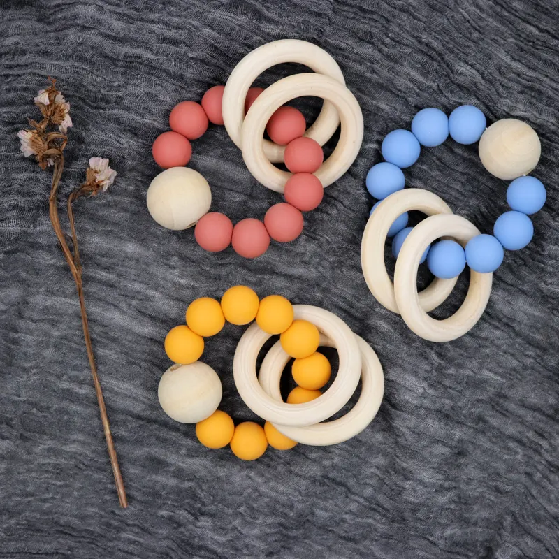 Wooden Rattle Teether Baby Toys chunky wooden ball Teether Silicone Beads 15mm Tiny Rod Baby Crib Rattle