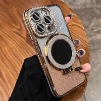 Étui de téléphone magnétique en diamant scintillant pour PC de luxe, miroir de maquillage, pour 17/15/16/13, support de téléphone brillant