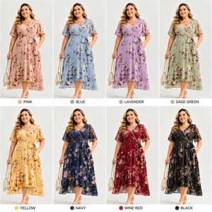 Robe mi-longue décontractée à fleurs pour femmes grandes tailles, col en V, manches volantées, avec ceinture à nouer – Vente en gros - Product Image 2