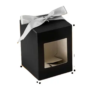 Kotak kemasan kertas persegi hitam lembut mewah kustom kotak lilin hadiah pesta ulang tahun dengan jendela transparan dengan logo