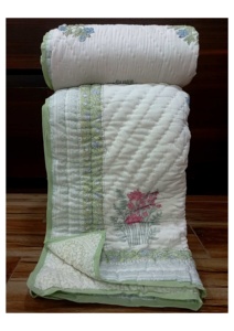 Couette en coton imprimée à la main style Kantha, lit double, motif floral traditionnel, faite à la main, pour toutes les saisons, usage domestique - Product Image 1