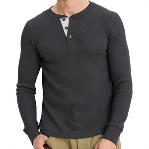 T-shirt côtelé à manches longues pour homme, coupe classique, col à 3 boutons, qualité supérieure 220 GSM, logo personnalisé, vente directe usine - Product Image 2