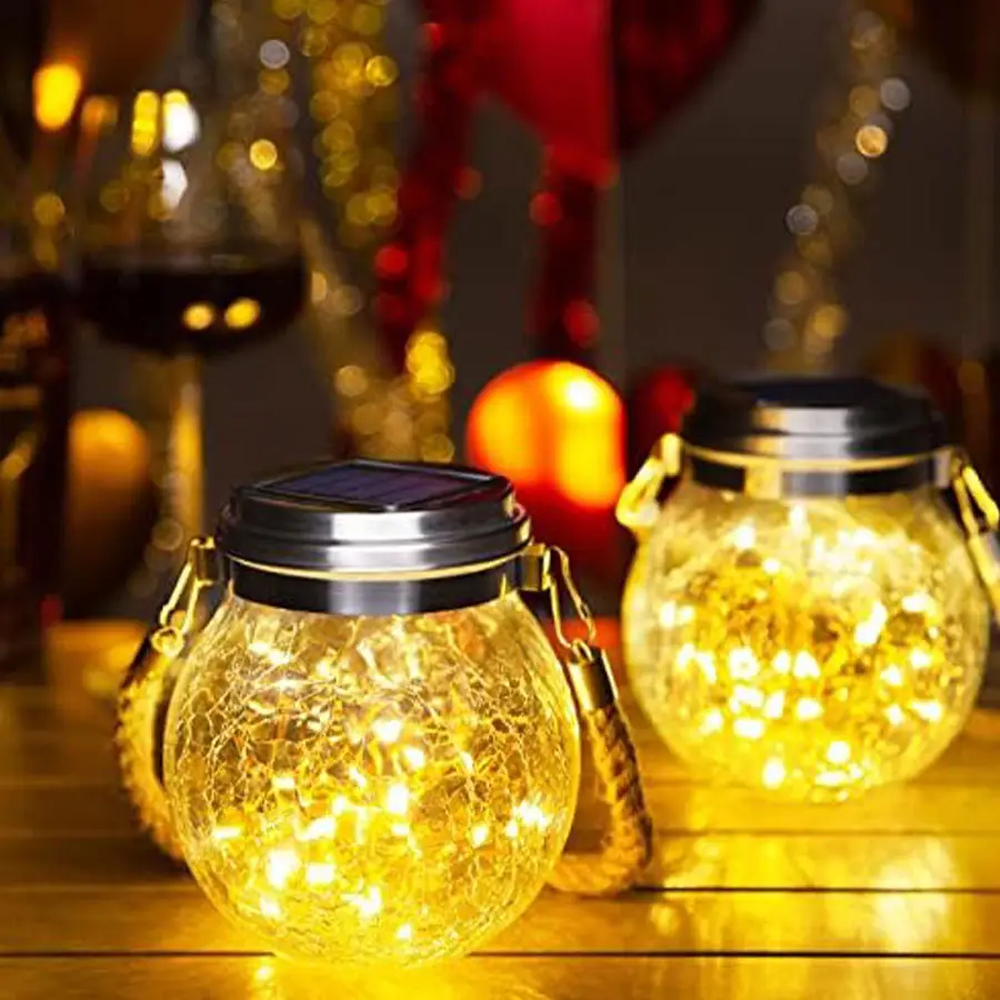 Solar LED Fairy Copper Rice Multi Colored Lights Outdoor Cracked Antique Glass Ball Garden Rechargeable Garland Jar