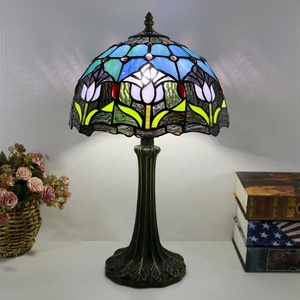 LongHuiJing Tiffany Mediterranean Style 12" Dome Flexible Stained Glass LED <b>Bedside</b> <b>Table</b> Lamp for Indoor Home Decoration - Product Image 1
