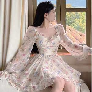 Vestido Largo de Gasa con Estampado Floral, Estilo A-Line, Hombros Descubiertos, Volantes, Cintura Imperio, Transpirable, para Uso Diario, Casual - Product Image 5