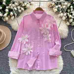 Blusas Casuales de Manga Larga Tejidas Estilo Vintage para Otoño, Transpirables, con Estampado Floral y Diamantes, Elegantes, Bordadas en la Parte Delantera - Product Image 1