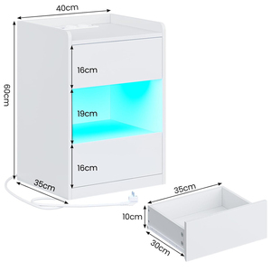 Mesita <span class=keywords><strong>de</strong></span> <span class=keywords><strong>Noche</strong></span> Blanca con Iluminación LED <span class=keywords><strong>y</strong></span> Estación <span class=keywords><strong>de</strong></span> Carga, Moderna Mesita <span class=keywords><strong>de</strong></span> <span class=keywords><strong>Noche</strong></span> con 2 Cajones <span class=keywords><strong>y</strong></span> 1 Compartimento para Dormitorio - Product Image 2