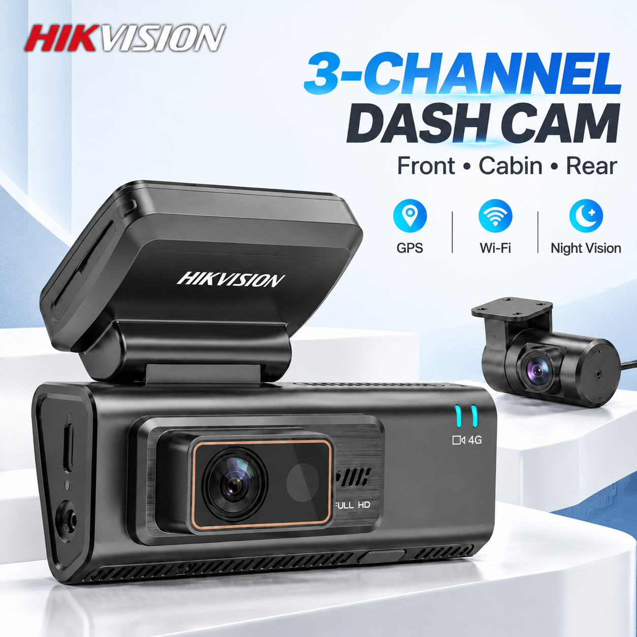 Hikvision Three Channel Dash Cam 1080P+720P+1080P No Screen G-Sensor Fatigue Alert Built-in GPS 4G Module 3 Channel Dash Cam · image 1