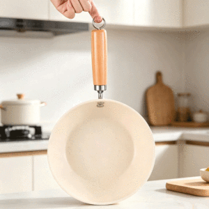 Wok de Cerámica Blanca FLEY, Sartén Antiadherente con Mango de Madera y Tapa de Vidrio, Apto para Cocina de Gas, para el Hogar - Product Image 1
