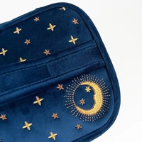Sac de rangement de luxe pour pinceaux de maquillage, avec logo personnalisé, broderie Soleil et Lune, en velours bleu marine, sac de voyage pour cosmétiques avec poignée