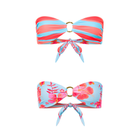 Haut de bikini bandeau écologique pour femme avec anneau métallique, noué à l'avant, réversible, imprimé rayé, maillot de bain sans bretelles pour la plage