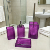 Ensemble d'accessoires de salle de bain en résine transparente violette de luxe, 4 pièces : distributeur de savon, porte-brosse à dents, porte-savon, porte-brosse de toilette