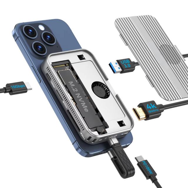 Magnetic M.2 NVMe SSD Enclosure with Cooling Fan Mag-Safe Compatible Case,USB-C Hub 10Gbps HDMI 4K 60Hz 100W for iPhone Mac iPad