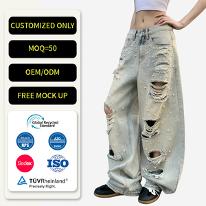 Jeans de Mezclilla Elásticos de Cintura Alta para <span class=keywords><strong>Mujer</strong></span>, Estilo Celebridad, Lavados, <span class=keywords><strong>Rotos</strong></span>, Microflare, Personalizables - Product Image 1