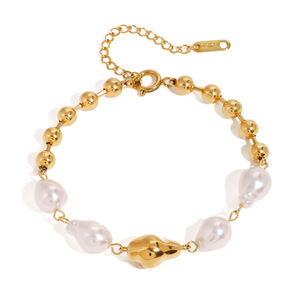 Baroque Style 18K PVD <b>Gold</b> Stainless Steel <b>Beaded</b> <b>Bracelet</b> with Pearl Baroque for Women | Waterproof Hypoallergenic & Non-Fading - Product Image 1