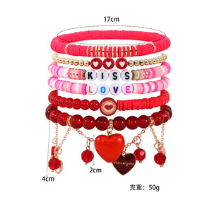 Conjunto de Pulsera con Colgante de Corazón, 6 Piezas, Arcilla Polimérica Roja, Regalo de San Valentín para Mujer, Joyería - Product Image 5