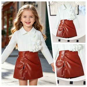 Toddler Girl's Clothes Set 2026 Autumn <strong>White</strong> Long Sleeve Shirt + Brown Pu <strong>Leather</strong> <strong>Skirt</strong> 2 Pcs Fashion Set - Product Image 6