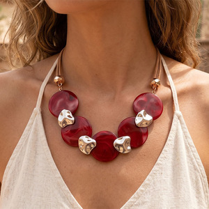 Bohemian Vintage Geometric Alloy Women Necklace With Acrylic Round Pendant Trendy European American Daily Vacation Neck Jewelry - Product Image 3