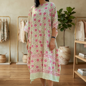 Vestido Largo Holgado con Estampado Floral Rosa, Cuello Redondo, Manga Tres Cuartos, Estilo Boho, Kaftán de Algodón, Transpirable, Vestido Informal de Verano - Product Image 2