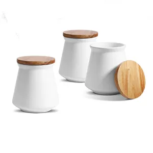 Hot Sale High Quality Home Goods Wood Cover Ceramic White Fancy Sugar Canisters Set For Restaurant
