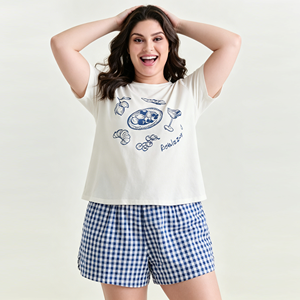 Custom Plus Size 2-Piece Pajama Set Graphic Tee and Blue Checkered Shorts Sleepwear <b>Summer</b> Loungewear - Product Image 2
