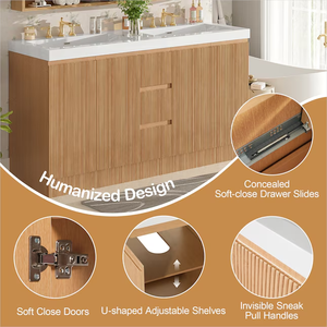 Meuble-lavabo autoportant moderne en chêne à double vasque, poignées encastrées sans levier, étagères intérieures réglables, miroir intelligent, durable pour <span class=keywords><strong>salle</strong></span> <span class=keywords><strong>de</strong></span> <span class=keywords><strong>bain</strong></span> - Product Image 5