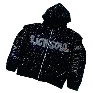 Felpa con cappuccio da uomo personalizzata con zip, con strass OEM e logo effetto distressed, vestibilità ampia - Product Image 1