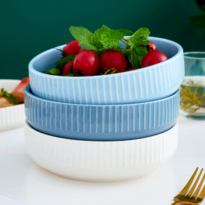 Nordic Embossed Striped Ceramic 7inch 8inch Bowl Fish Plate Color Glazed Porcelain Bowls - Product Image 1