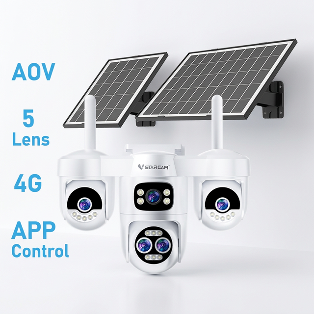 360° Panoramic 5 Lens AI Human Detection Two Way Audio Sound Light Alarm Wireless 4G LTE Solar Powered Outdoor Security Camera