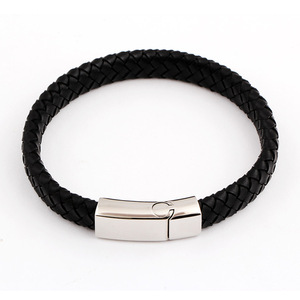 <b>Leather</b> Woven <b>Bracelet</b> 12MM Black Stainless Steel Buckle Simple Fashion Gift Jewelry - Product Image 2
