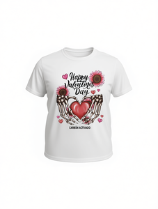 T-shirt da donna a maniche corte con scollo rotondo Carbn Activado, stampa scheletro, cuore e girasole, romantica, per San Valentino, abbigliamento casual - Product Image 1