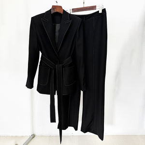 ZYHT 70160 Conjunto de Dos Piezas de Traje de <span class=keywords><strong>Blazer</strong></span> Largo Blanco y Negro de Manga Larga para Mujer, Primavera, Otoño, Invierno, con Cinturón y Adornos de Cuentas - Product Image 3