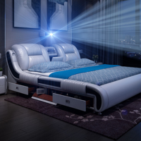 Lit intelligent en cuir avec haut-parleur, purificateur d'air, projecteur, lit moelleux de luxe, taille king, rembourré, multifonctionnel, en promotion