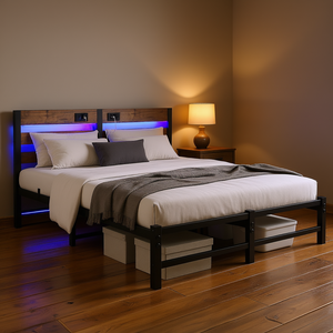 Db Queen Size Metal Bed Frame Wooden <b>Headboard</b> Rgb Lights Charger Storage <b>Shelf</b> No Box Spring Needed Rustic Style - Product Image 2