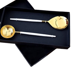 Stainless Steel Serving Utensil Set <b>White</b> Resin Handle <b>Gold</b> Polished Salad Serving Set - Product Image 1