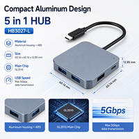 Hub USB 3.0 5-in-1, USB-C/USB-A Upstream, 3xUSB-A + 2xUSB-C 5Gbps, USB-C DC 5V/4A, Casing Aluminium+ABS untuk Laptop