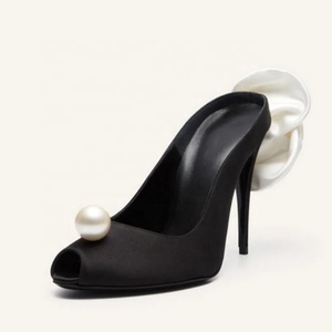 Sandalias Elegantes de Tacón Fino con Perlas y Flor Trasera para Mujer, Talla Grande 45, Peep Toe, Zapatos de Vestir, Tacones Altos Delgados, Mules de Horma Ancha - Product Image 1