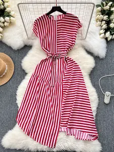 Wholesale 2024 Spring Fashion Stripe Spliced Round Neck Sleeveless Lace Up Waist Slimming Irregular Women's Dress