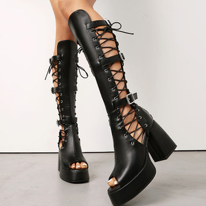 Summer Peep Toe <b>Knee</b> <b>High</b> Boots Women's Belt Buckles Lace up Sandals Big Size 48 Shoes <b>High</b> Chunky Heels Side Cut Out Booties - Product Image 3