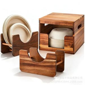 Wooden Paper <b>Plate</b> Holder Square Desktop Storage <b>Rack</b> With Lid Easy To Use For Tableware - Product Image 5