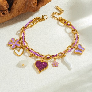 Fashion Charm Bracelet Purple Rope Chain Heart Butterfly Flower Women's Jewelry Gift Zinc Alloy B1975 - Product Image 2